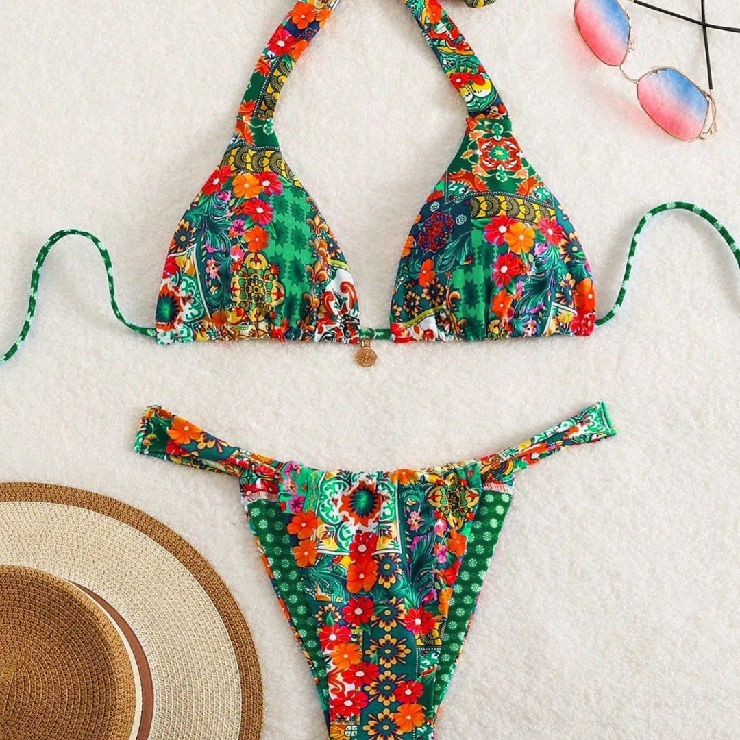 Damen Triangel-Bikini mit floralen Mustern und verspielten Bindebändern Drune