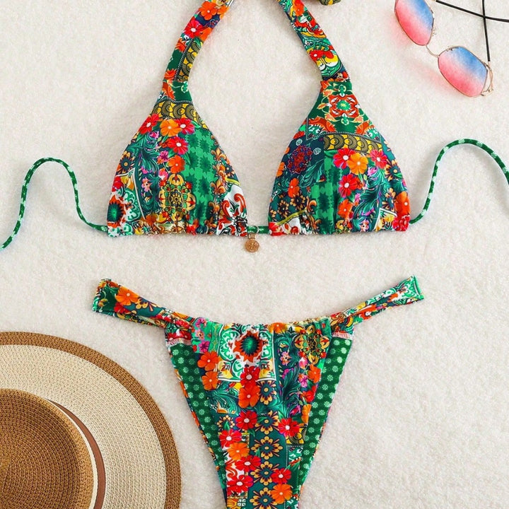 Damen Triangel-Bikini mit floralen Mustern und verspielten Bindebändern Drune