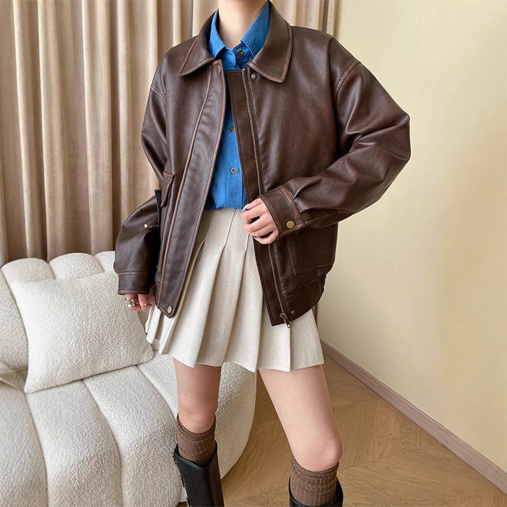 Damen Oversize-Lederimitatjacke mit Hemdkragen und Reißverschluss Drune