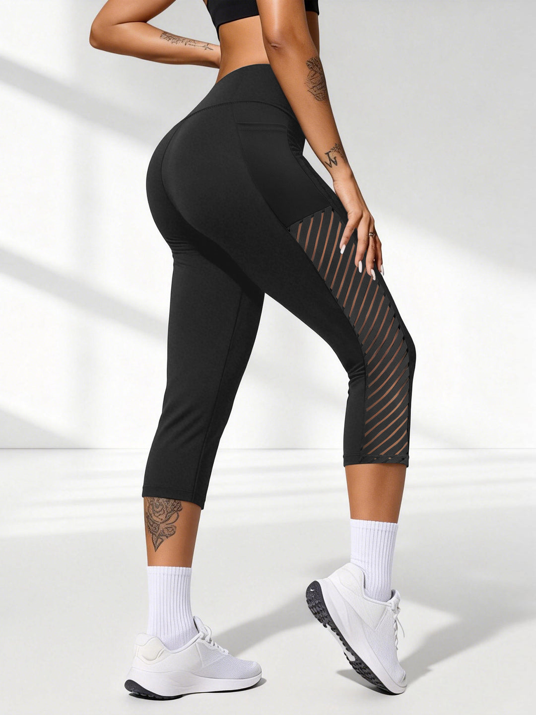 Damen Formende dreiviertel-Sportleggings mit hohem Bund, seitlichem Mesh-Einsatz und Handytasche Drune
