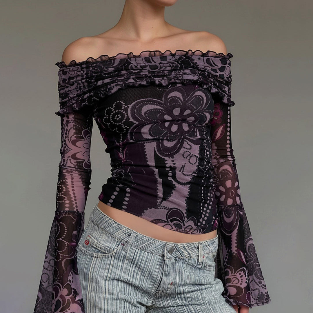 Damen Off-Shoulder Oberteil mit voluminösen Ärmeln und floralem Muster Drune