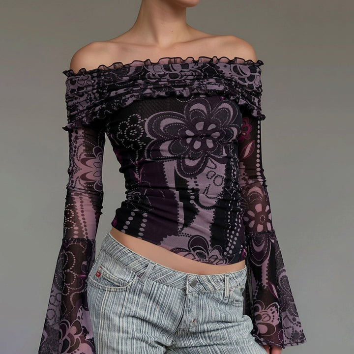 Damen Off-Shoulder Oberteil mit voluminösen Ärmeln und floralem Muster Drune