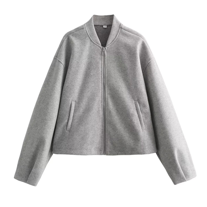 Damen nan kurz geschnittene minimalistische Bomberjacke mit verdecktem Reißverschluss und aufgesetzten Eingrifftaschen Drune