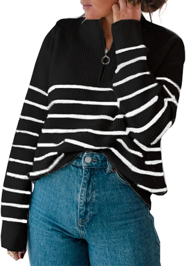 Damen lässiger Pullover mit kurzem Reißverschluss und Streifenmuster Drune