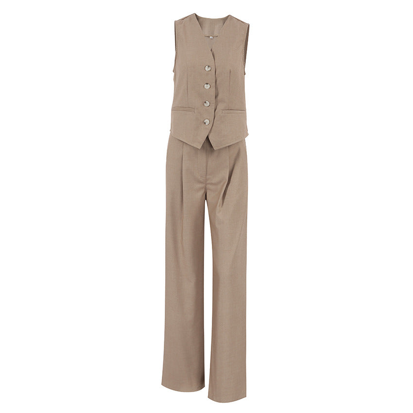 Damen elegantes, tailliertes Anzug-Set mit ärmellosem Blazer und weitem Hosen Drune