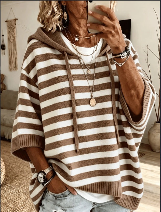 Damen nan Oversize Strickponcho mit Kapuze und kurzen Ärmeln Drune