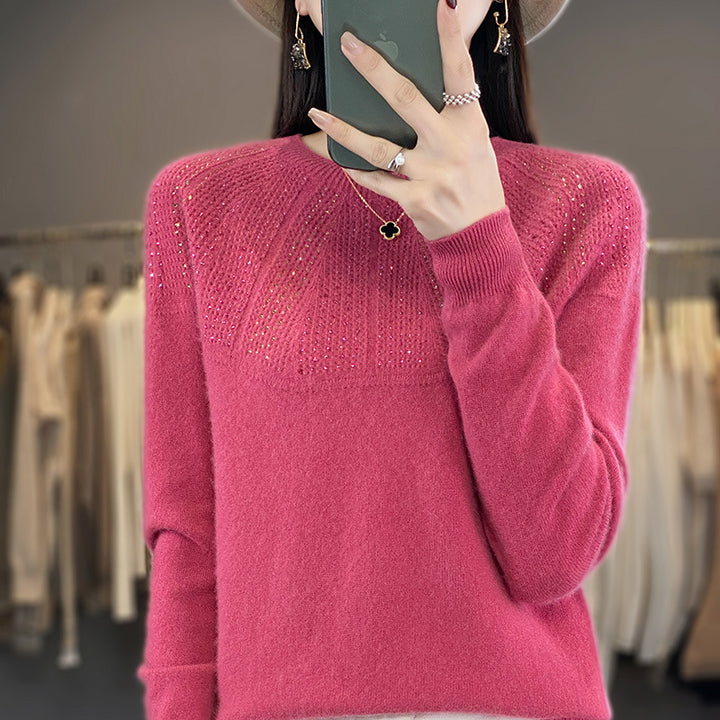 Damen Weicher Kaschmir‑Optik Feinstrickpullover mit Ajour‑Yoke und Paillettenbesatz Drune