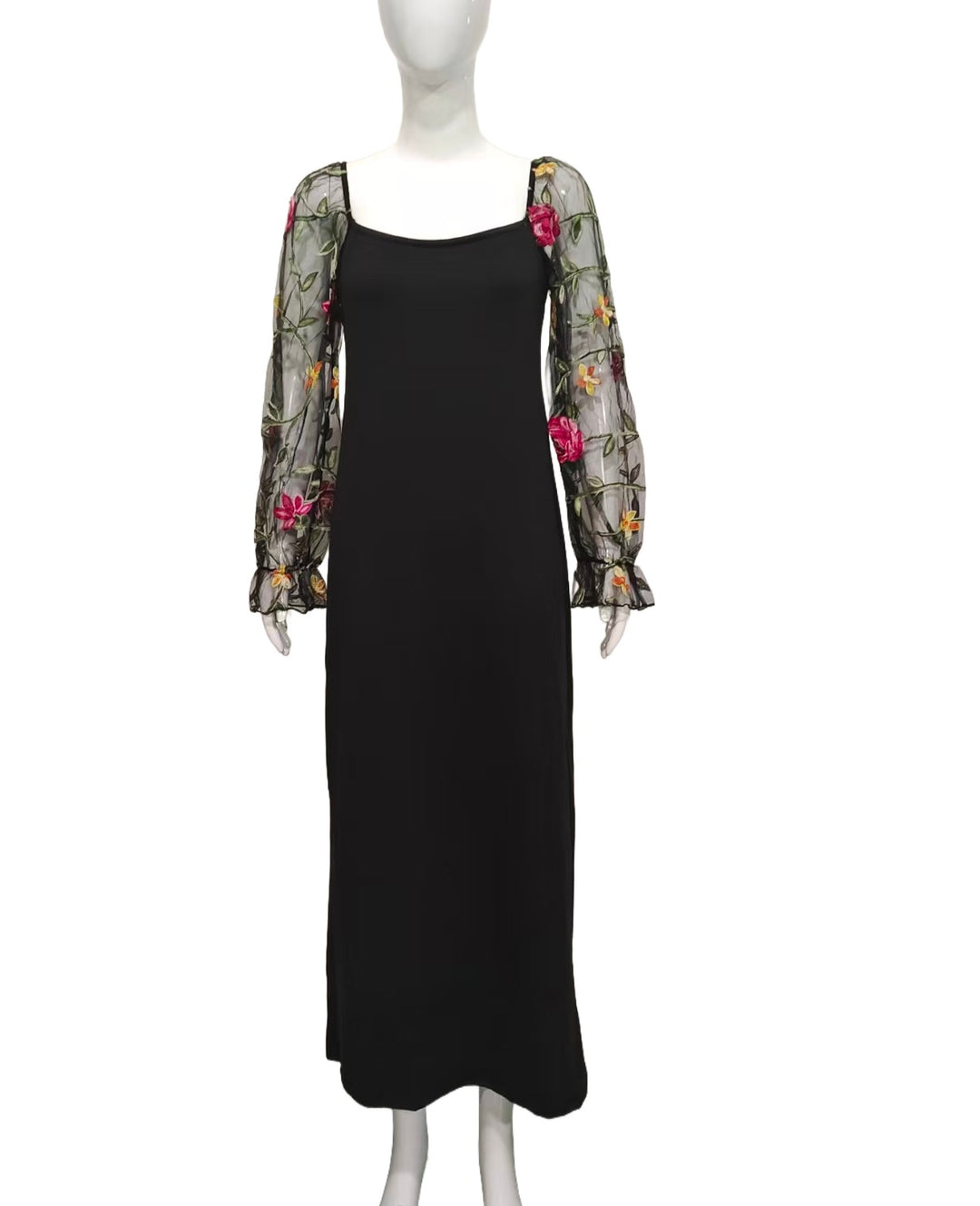 Damen Maxikleid mit schmaler Silhouette und bestickten Tüll-Puffärmeln Drune