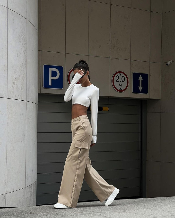 Damen Weite High-Waist Cargo-Hose mit Oversized-Silhouette und Klappentaschen Drune