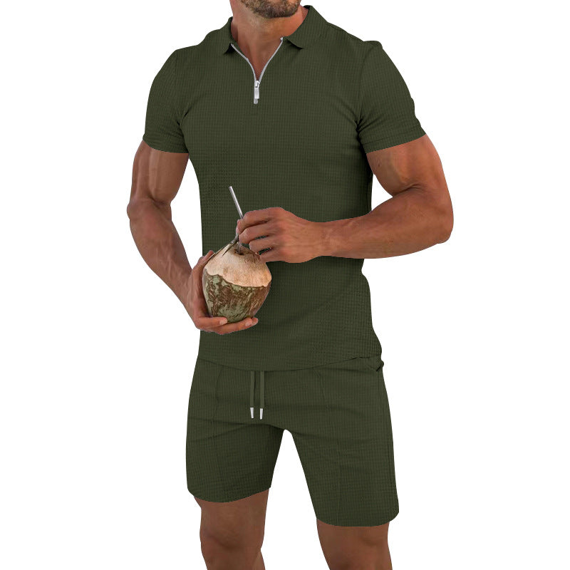 Herren modisches Polo- und Shorts-Set mit strukturiertem Gewebe und funktionalem Reißverschluss Drune