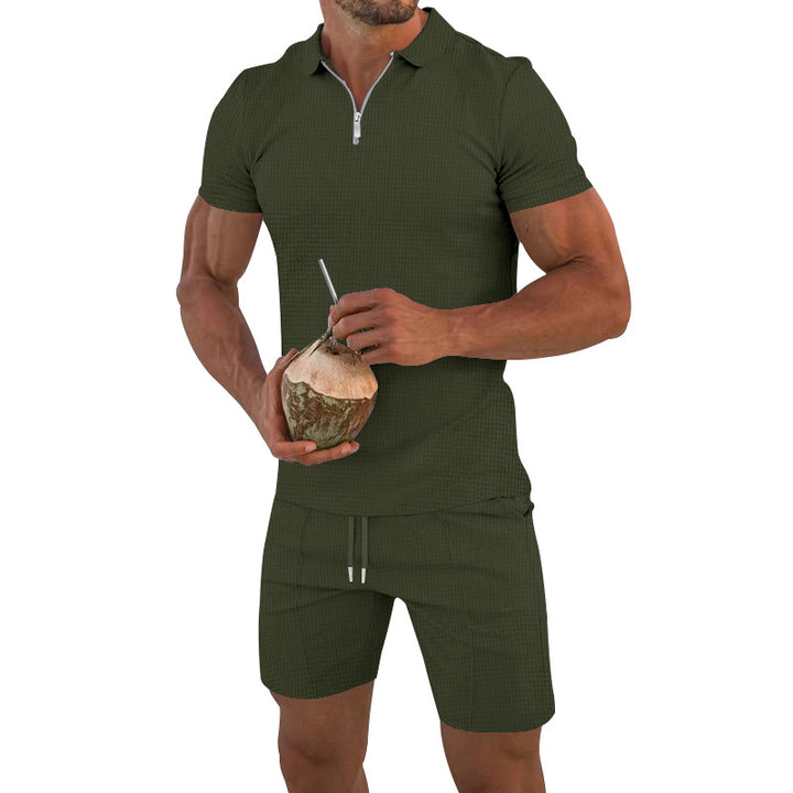Herren modisches Polo- und Shorts-Set mit strukturiertem Gewebe und funktionalem Reißverschluss Drune