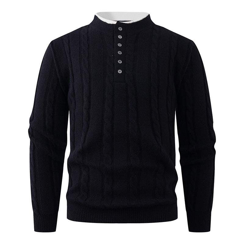 Herren Strukturierter Zopfstrick-Pullover mit Knopfleiste und Stehkragen Drune