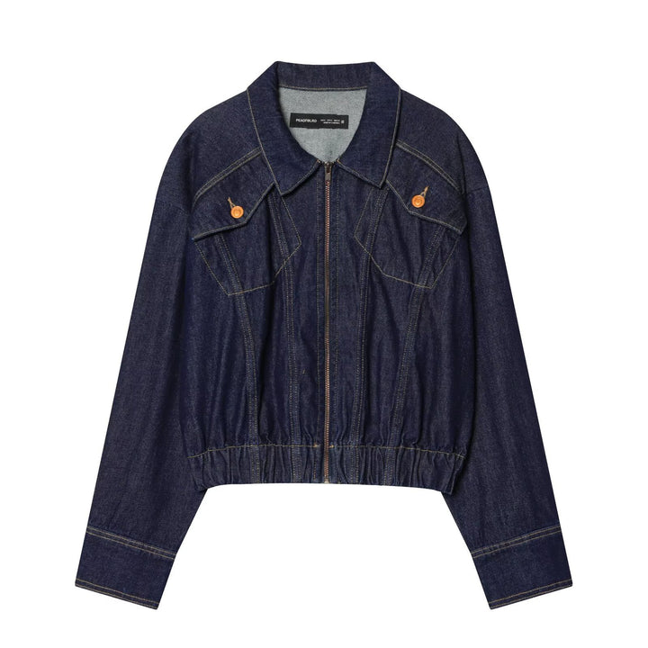 Damen Kurze Jeansjacke mit Reißverschluss, taillierter Kordelraffung und Western‑Details Drune