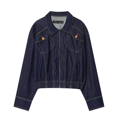 Damen Kurze Jeansjacke mit Reißverschluss, taillierter Kordelraffung und Western‑Details Drune