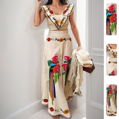 Damen Elegantes Maxikleid mit kunstvollem Stickmuster und Volantärmeln Drune