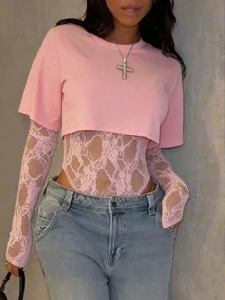 Damen Bodyshirt mit transparenten Spitzenärmeln und lässigem Schnitt Drune