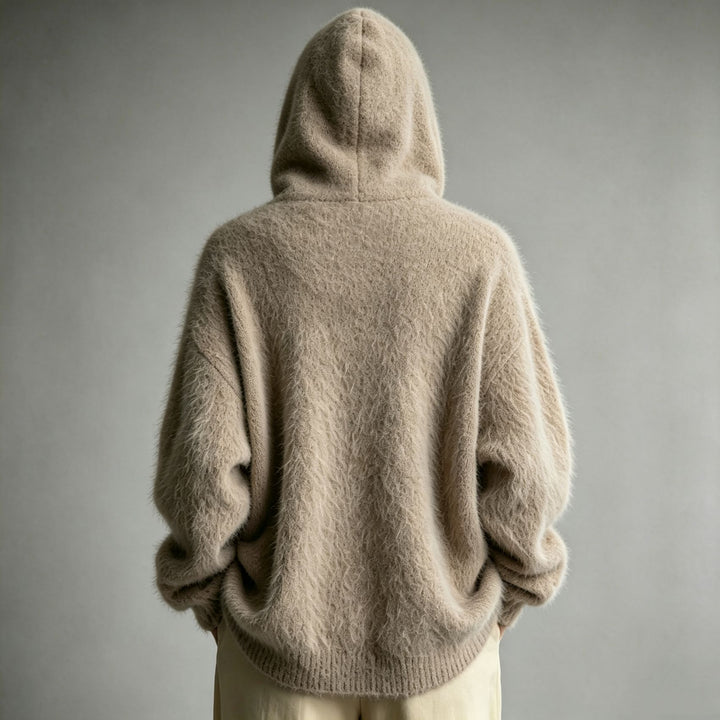 Damen Flauschiger Kapuzen-Cardigan im Mohair-Look mit Knopfleiste Drune