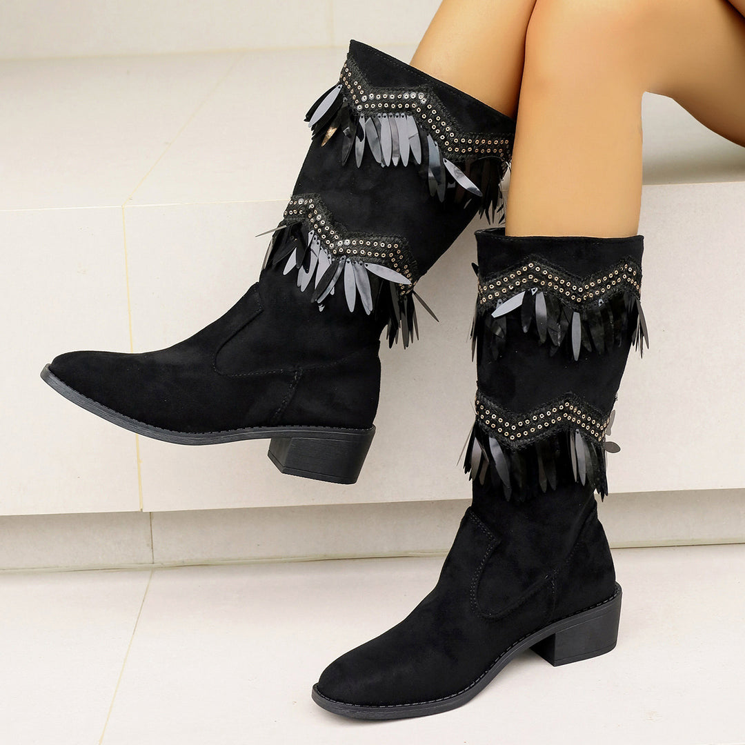 Damen Stiefel mit modischen Fransen und Glitzerdetails Drune