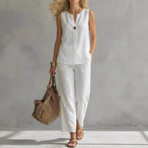 Damen Lässiges zweiteiliges Set mit ärmelloser Bluse und modischen Hosen Drune