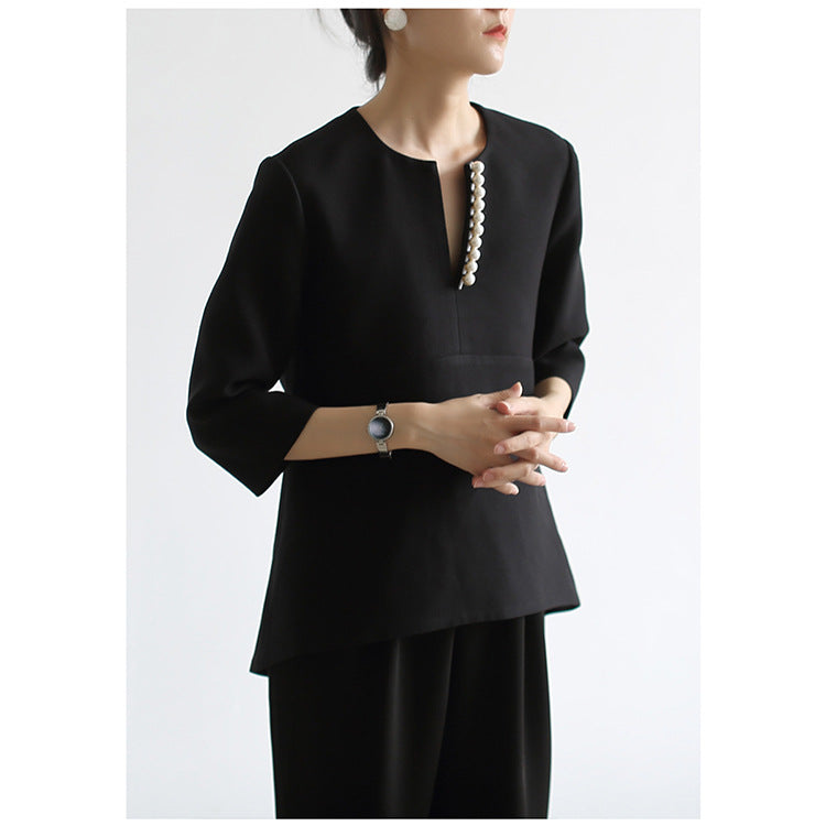 Damen Elegante Bluse mit Perlendetails Drune