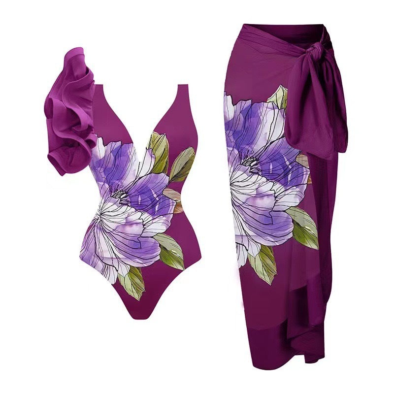 Damen Badeanzug-Set mit floralem Design und elegantem Wickelrock Drune