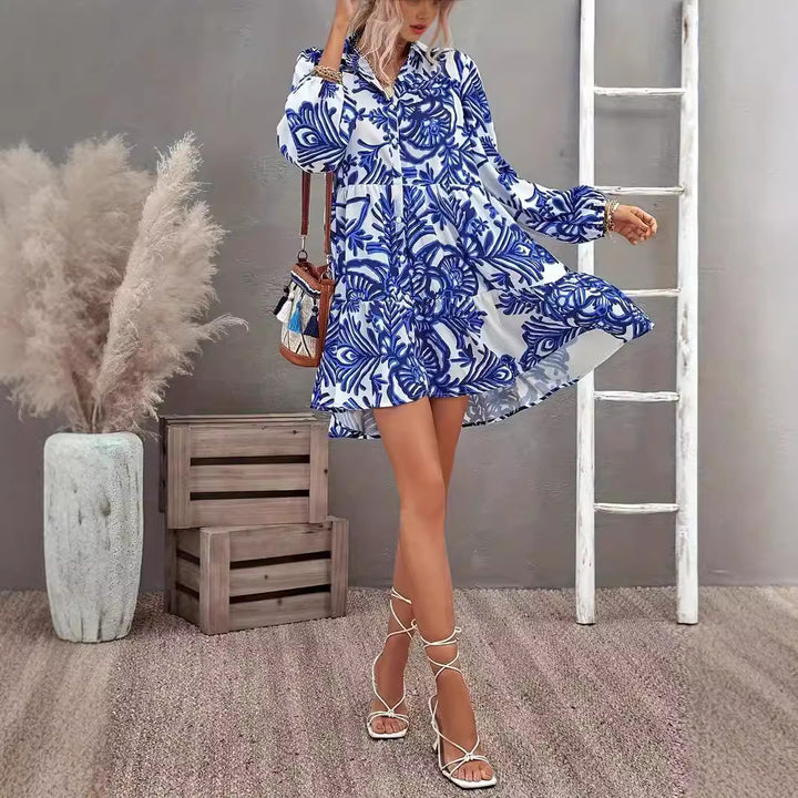 Damen Hemdblusenkleid mit voluminösem Rock und floralem Muster Drune