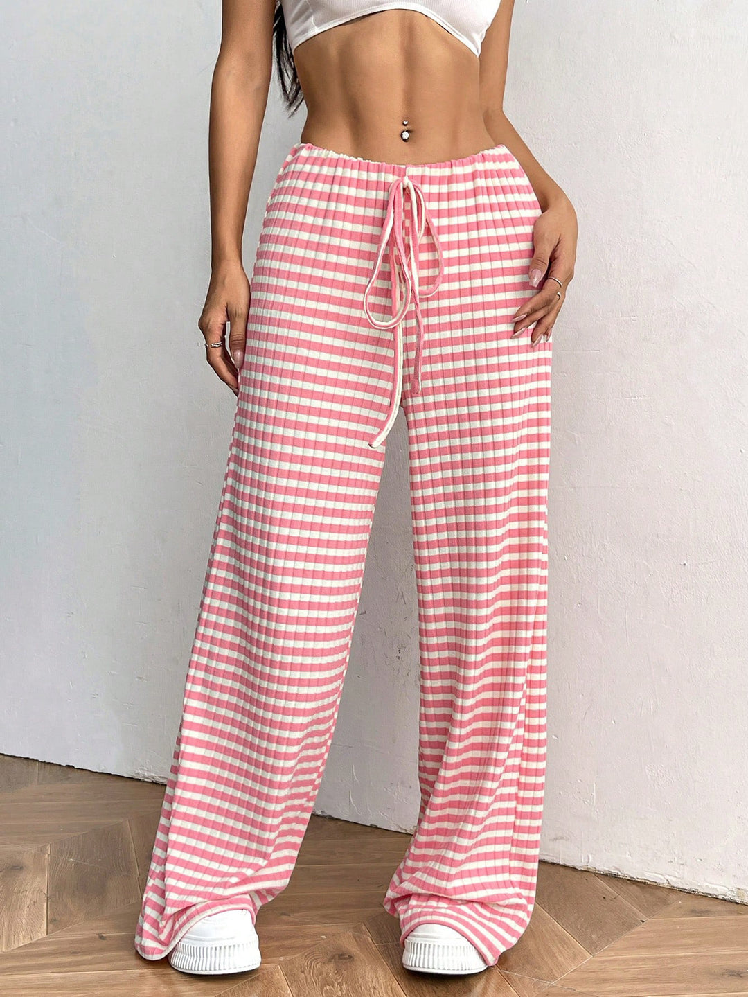 Damen Loungewear-Hose mit weitem Bein, geripptem Feinstrick und Kordelzug Drune