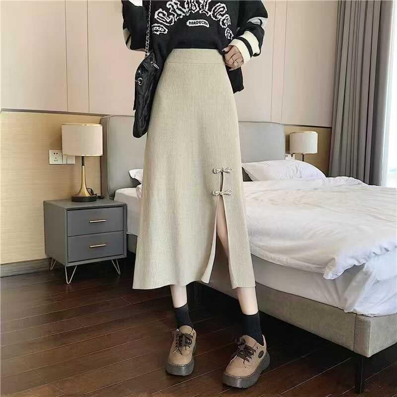 Damen Eleganter Strickrock mit Schlitz und Schleifendetails Drune