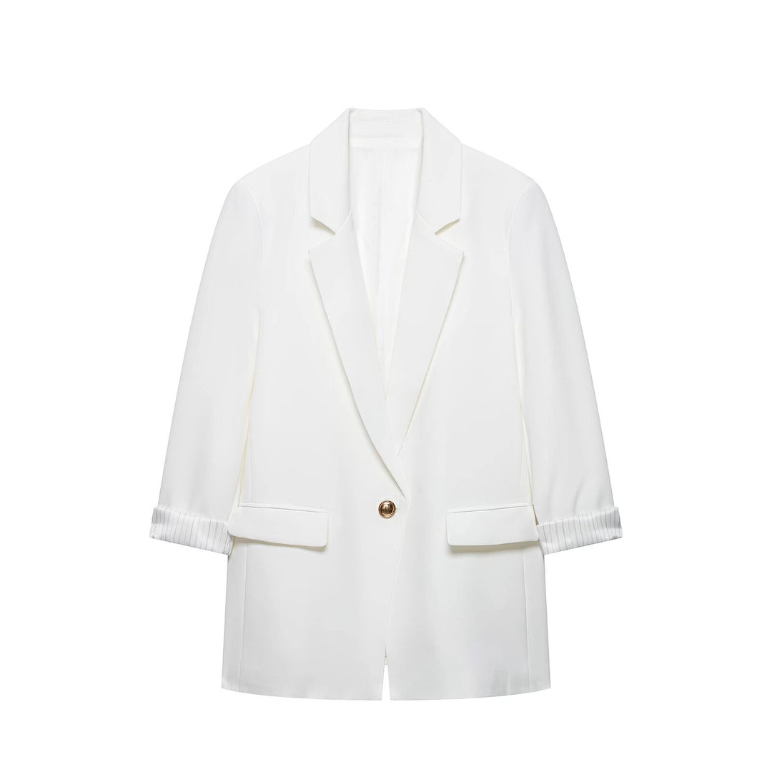 Damen taillierter Longblazer mit Umschlagärmeln und dekorativem Knopf Drune