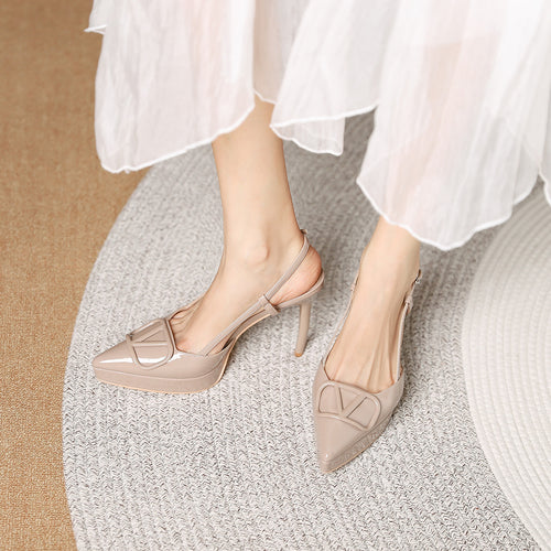 Damen Slingback-Pumps aus Lackleder mit spitzer Zehenkappe, Plateausohle und dekorativer Schnalle Drune