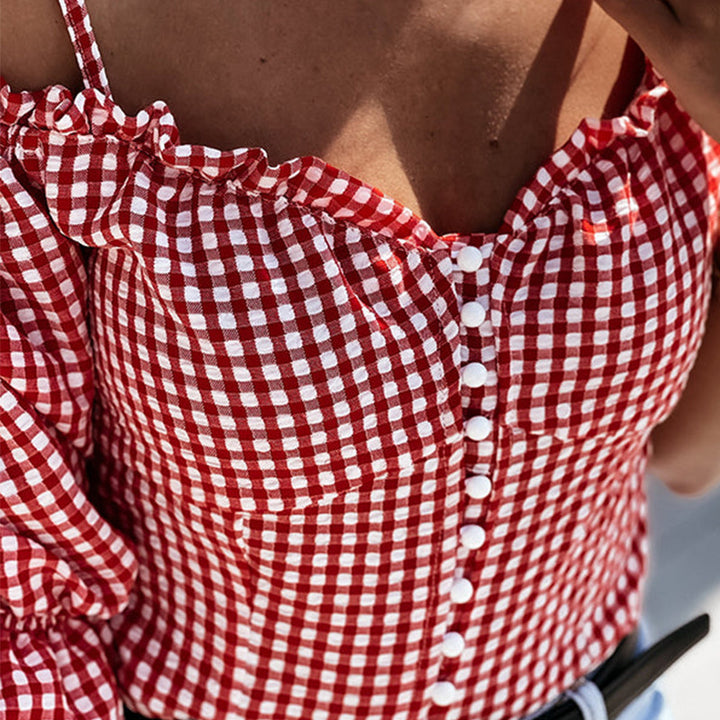 Damen Off-Shoulder Bluse mit Rüschendetails und Karomuster Drune