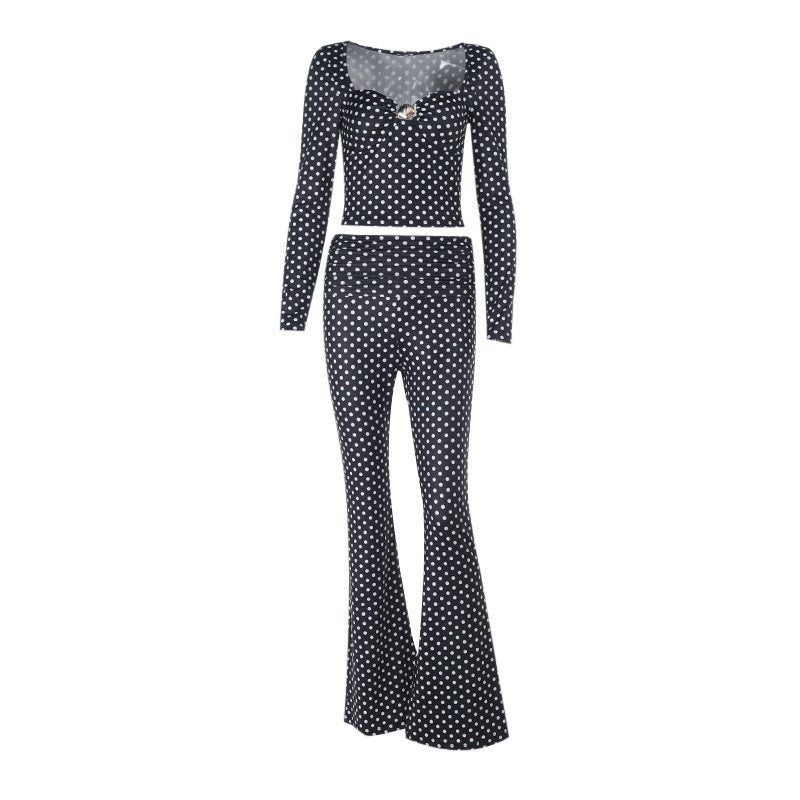 Damen figurbetonter Jumpsuit mit langen Ärmeln und Polka-Dot Muster Drune