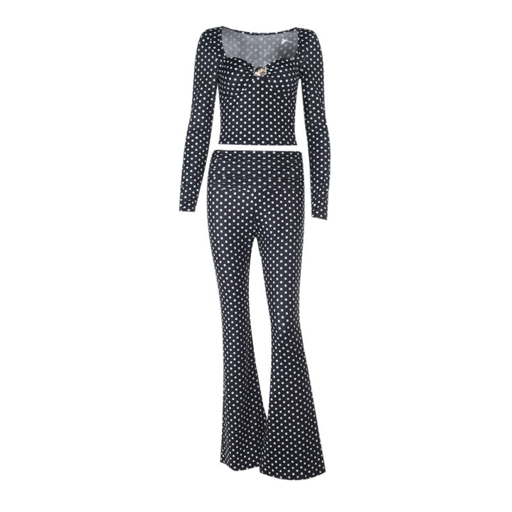Damen figurbetonter Jumpsuit mit langen Ärmeln und Polka-Dot Muster Drune
