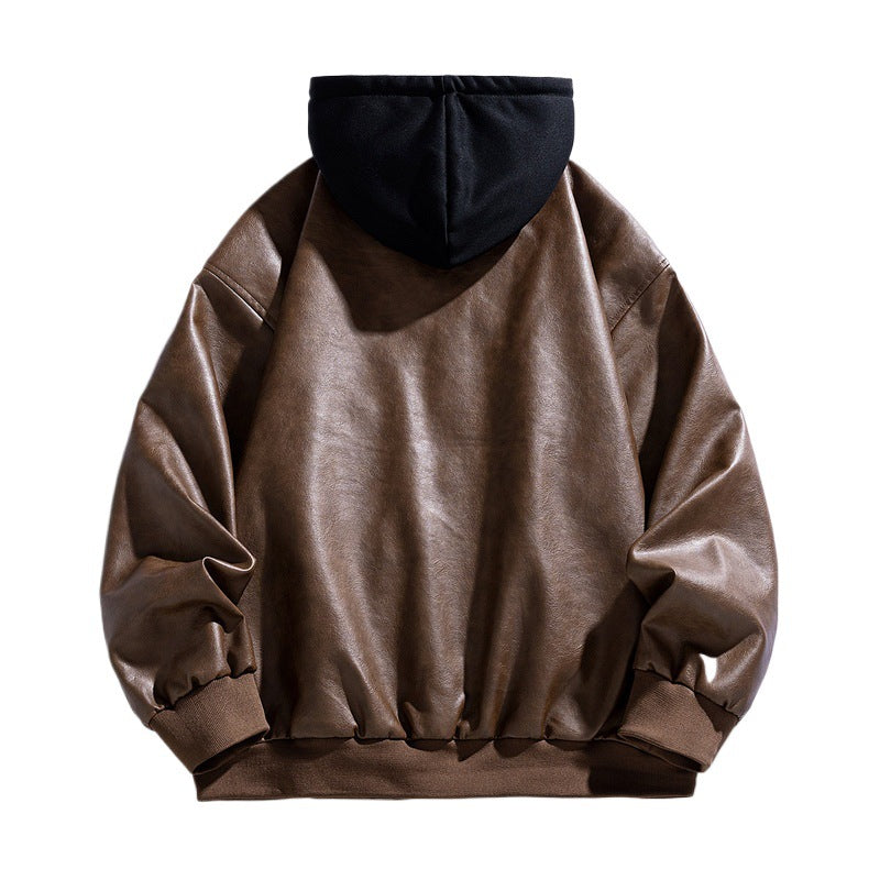 Herren Lässige Kunstleder‑Fliegerjacke im Oversize‑Cut mit kontrastkapuze & Druckknopfblende Drune