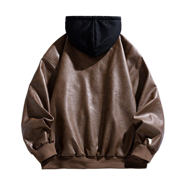 Herren Lässige Kunstleder‑Fliegerjacke im Oversize‑Cut mit kontrastkapuze & Druckknopfblende Drune