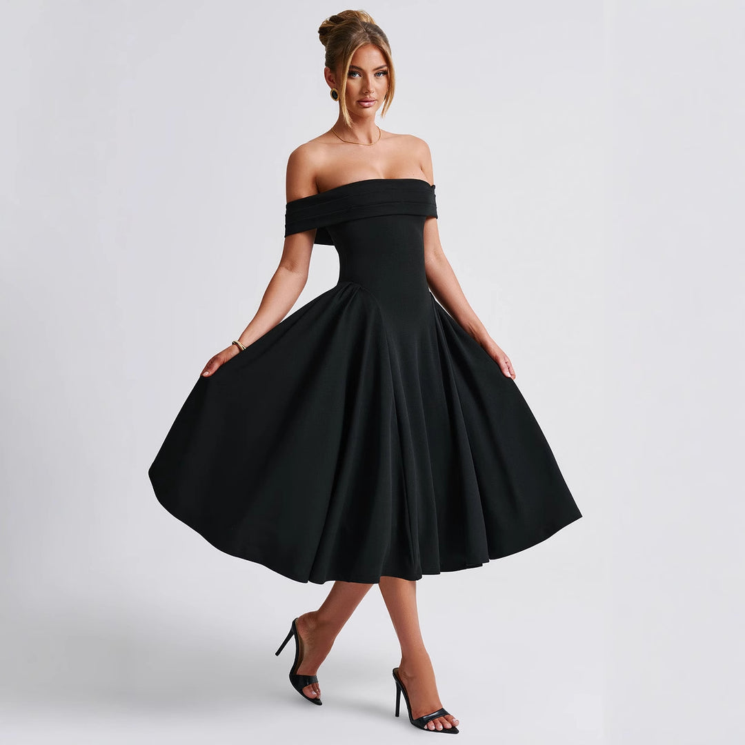Damen elegantes Abendkleid mit schulterfreiem Design und voluminösem Rock Drune