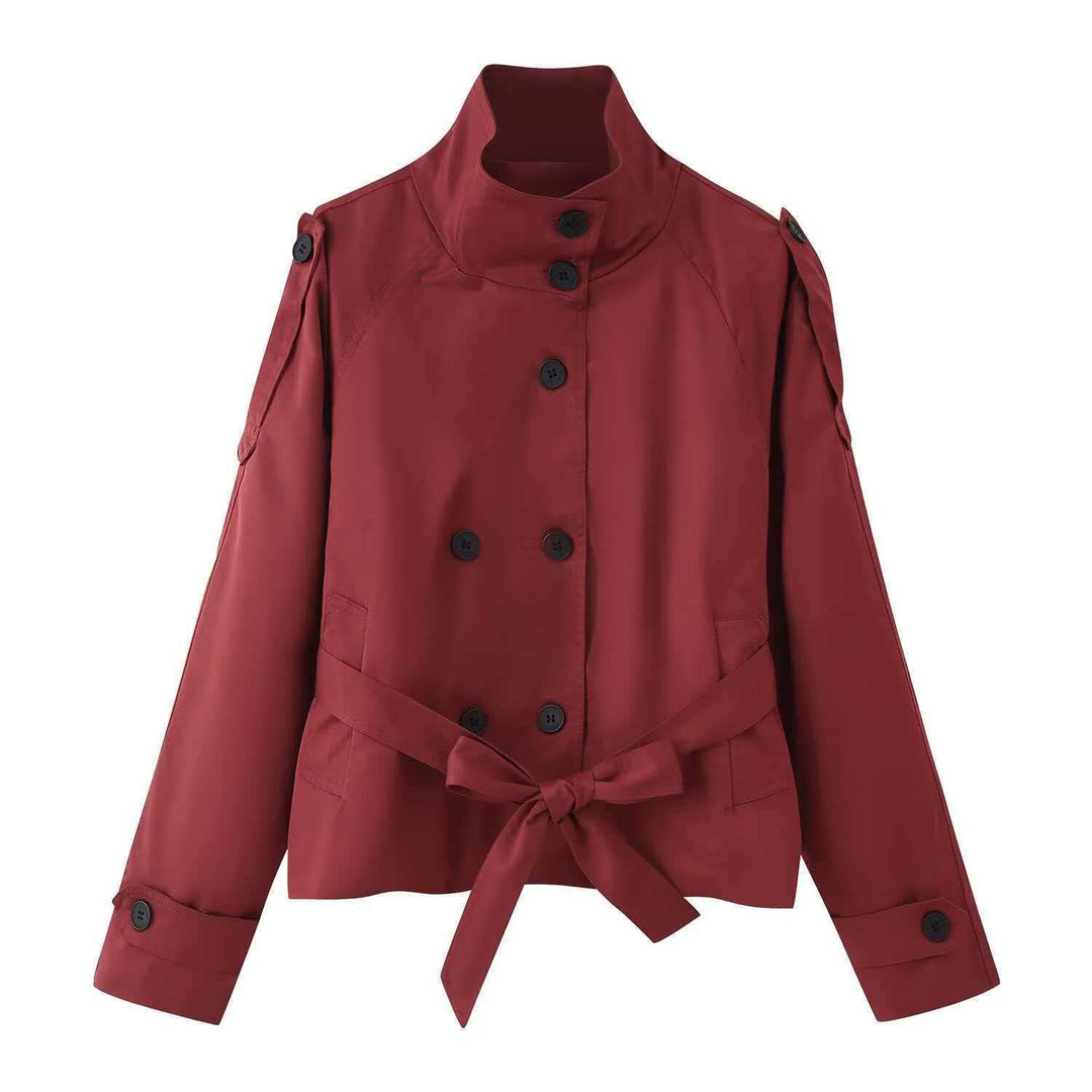 Damen nan kurztaillierte Trenchjacke mit hohem Stehkragen, doppeltreihiger Knopfleiste und taillierbarem Bindegürtel Drune