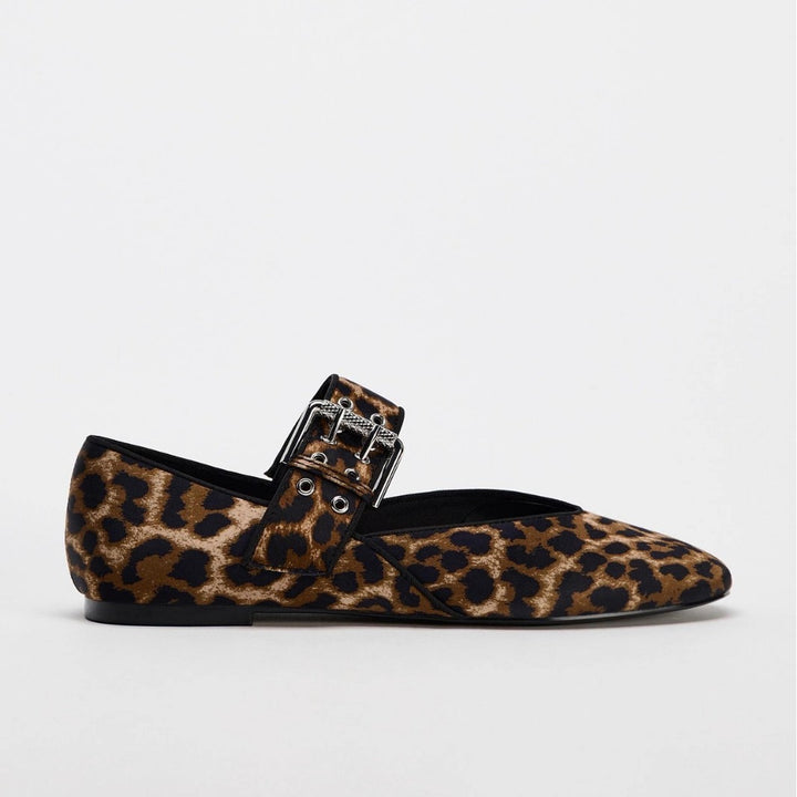 Damen Flache Riemchen‑Ballerinas mit breitem dekorativem Schnallenriemen und Leopardenmuster Drune