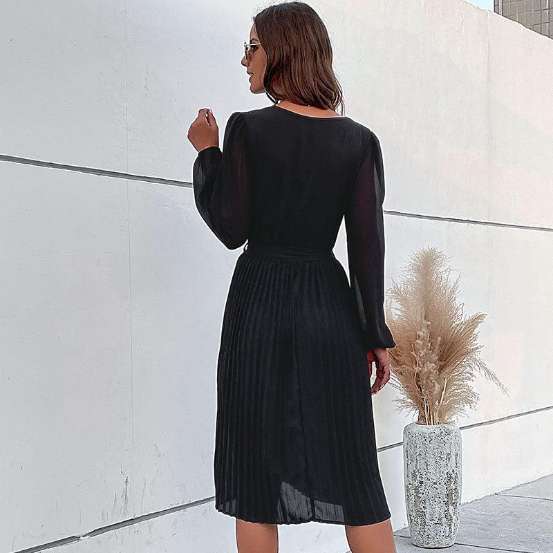 Damen Midikleid mit plissiertem Rock, V-Ausschnitt, transparenten Ärmeln und Taillengürtel Drune