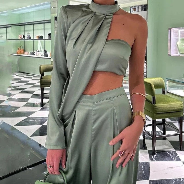 Damen Elegantes Zweiteiliges Set mit asymmetrischem Oberteil und weit geschnittener Hose Drune