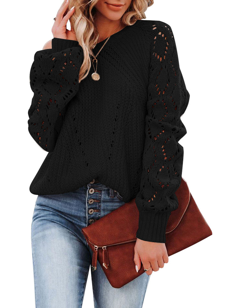 Damen Strickpullover mit Lochmuster und voluminösen Ärmeln Drune