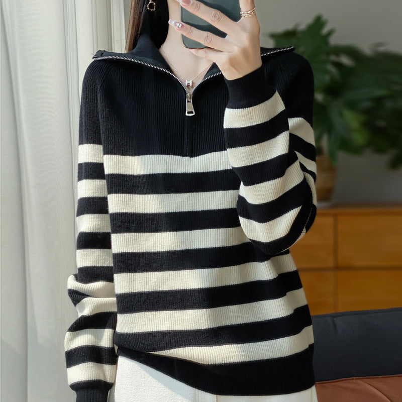 Damen Maritimer Troyer-Pullover aus feinem Rippstrick mit breiten Querstreifen Drune