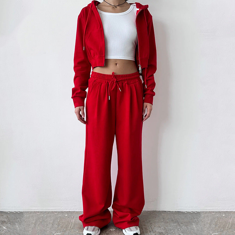 Damen kurzes Zip-Kapuzenjacken- und High-Waist Wide-Leg Jogginghose Set aus weichem French Terry Drune
