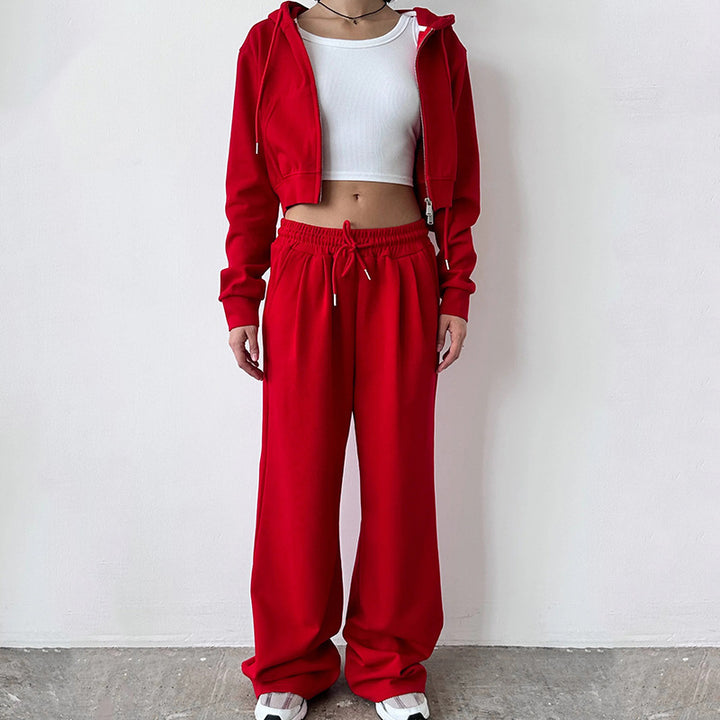 Damen kurzes Zip-Kapuzenjacken- und High-Waist Wide-Leg Jogginghose Set aus weichem French Terry Drune