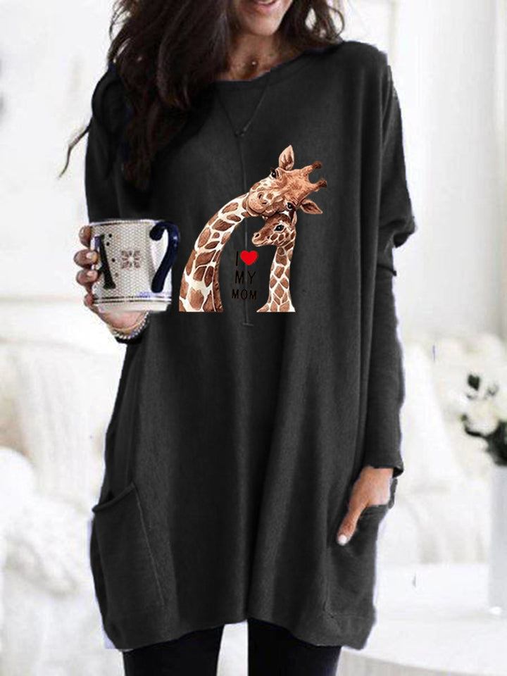 Frauen Übergroße Sweatkleid mit Giraffenmuster, Rundhalsausschnitt und Seitentaschen Drune