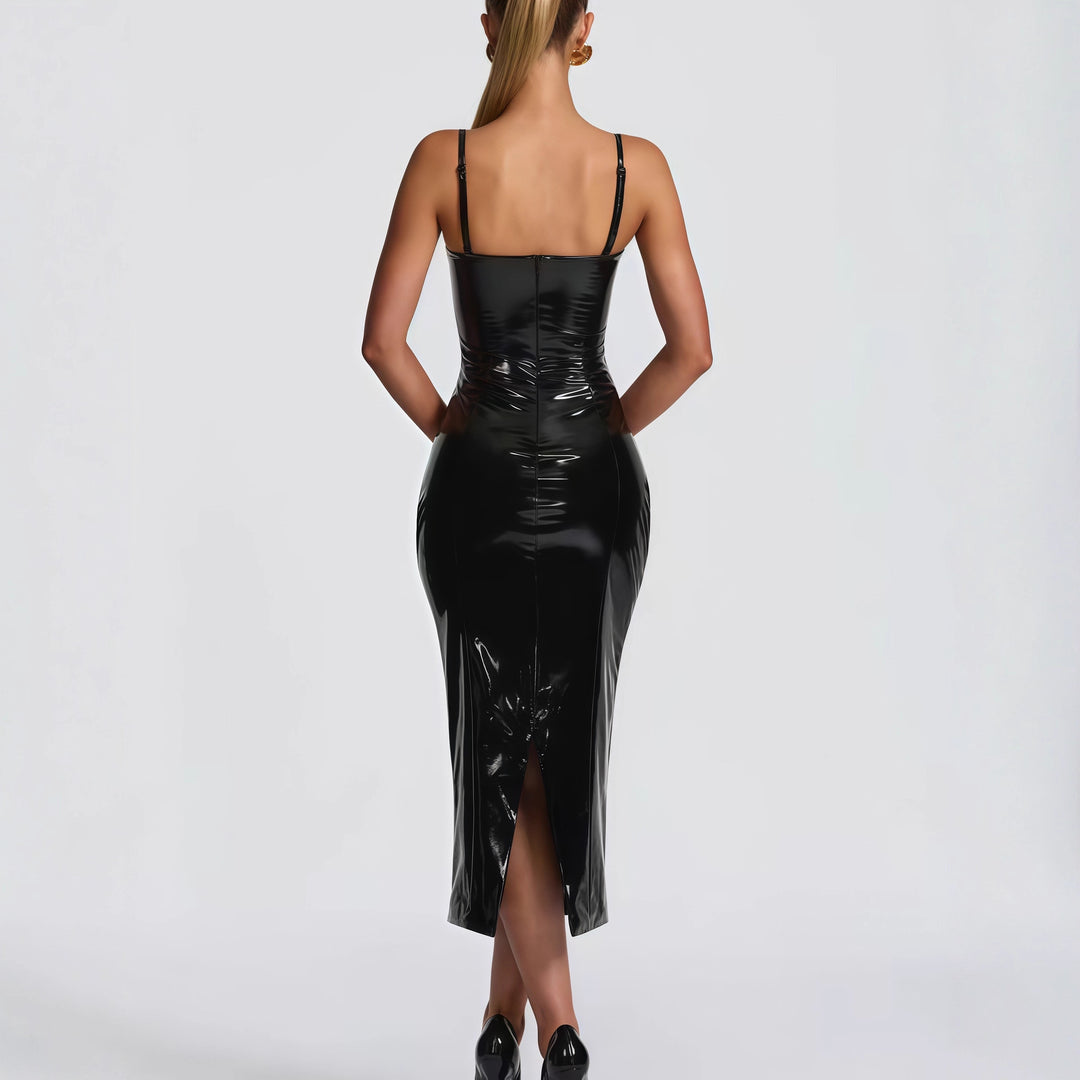Damen Bodycon-Kleid mit trägerlosem Design und glänzender Oberfläche Drune