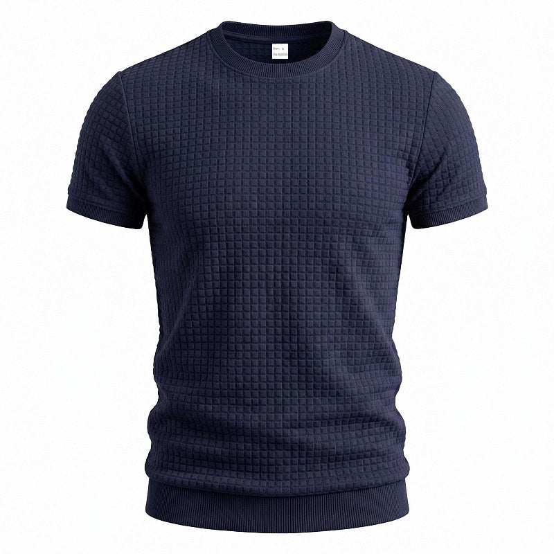 Herren nan kurzärmeliges Strickshirt mit geprägter Karostruktur, Rundhalsausschnitt und geripptem Saum Drune