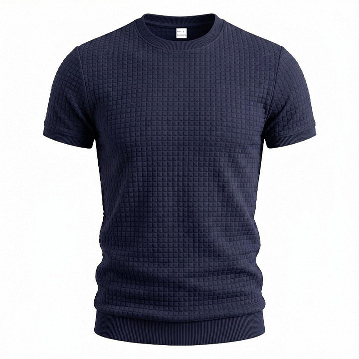 Herren nan kurzärmeliges Strickshirt mit geprägter Karostruktur, Rundhalsausschnitt und geripptem Saum Drune