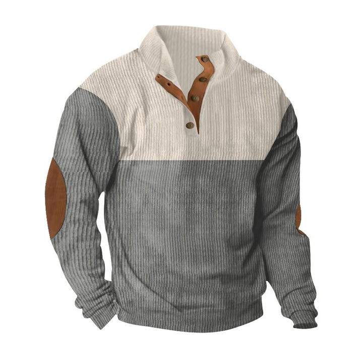Herren nan gerippter Pullover mit Stehkragen, Knopfleiste und Ellbogen-Patches Drune