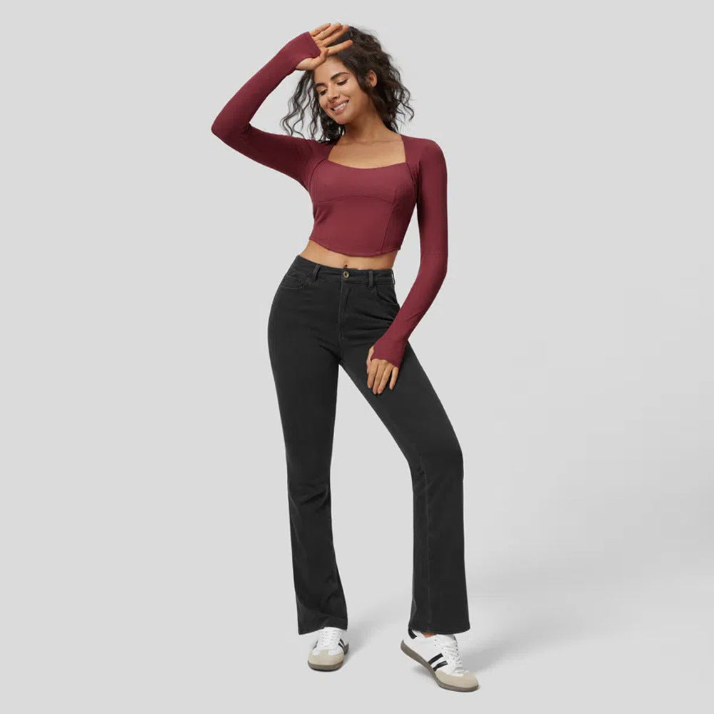 Damen figurbetontes Langarm-Crop-Top mit quadratischem Ausschnitt und feinem Rippmaterial Drune